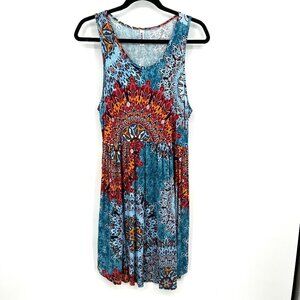 HIMONE Blue Red Bohemian Medallion Print Sleeveless Stretch Dress Size Large